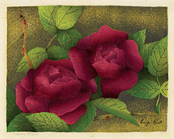 Roses. Flowers, color woodcut, garden